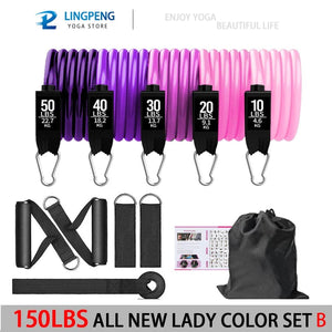 Planet Gates 150LBS PURPLE SET Resistance Band Set Workout Bands Exercise Band 5 Tube Fitness with Door Anchor Handles Legs Ankle Straps and Fitness Stick