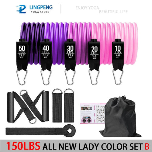 Planet Gates 150LBS PURPLE SET Resistance Band Set Workout Bands Exercise Band 5 Tube Fitness with Door Anchor Handles Legs Ankle Straps and Fitness Stick