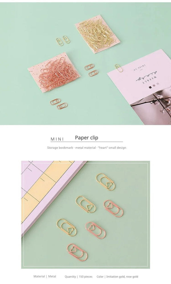 Planet Gates 150PCS 20mm Mini Bookmark Gold Rose Gold Color Heart Clip Bookmark Metal Paper Clips Binder Clip Office Accessories