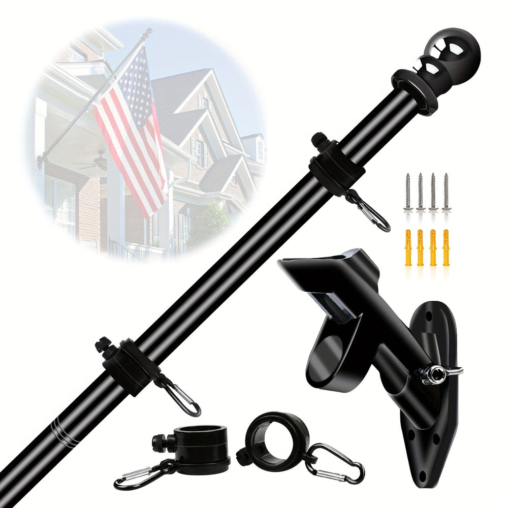 Planet Gates 152.4cm Black 1 Set Black Flagpole Kit For Outside House Stainless Steel Wall Mounted Flag Poles With Bracket & Flag Mounting Rings For Porch Yard Garden Outdoor Residential Or Commercial (NO Flag), 5ft