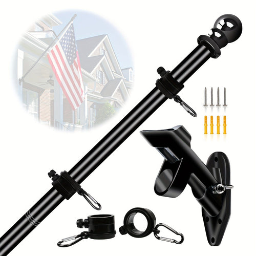 Planet Gates 152.4cm Black 1 Set Black Flagpole Kit For Outside House Stainless Steel Wall Mounted Flag Poles With Bracket & Flag Mounting Rings For Porch Yard Garden Outdoor Residential Or Commercial (NO Flag), 5ft