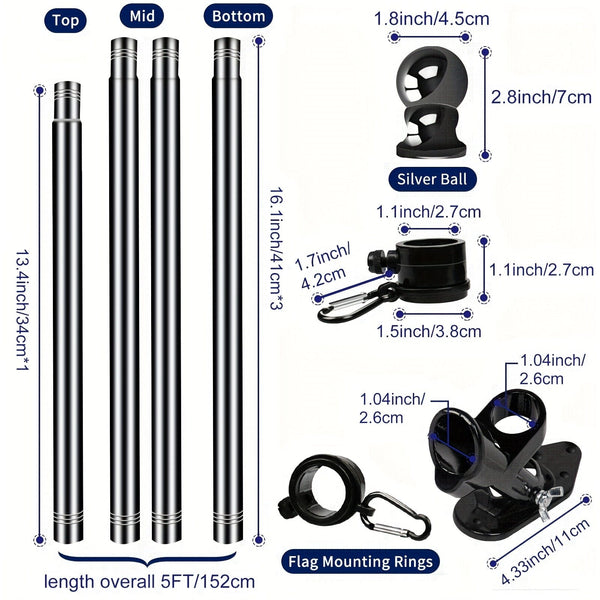 Planet Gates 152.4cm Black 1 Set Black Flagpole Kit For Outside House Stainless Steel Wall Mounted Flag Poles With Bracket & Flag Mounting Rings For Porch Yard Garden Outdoor Residential Or Commercial (NO Flag), 5ft