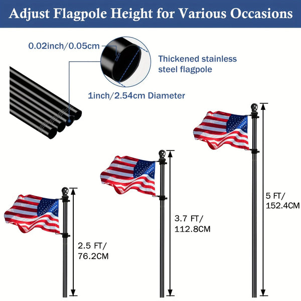 Planet Gates 152.4cm Black 1 Set Black Flagpole Kit For Outside House Stainless Steel Wall Mounted Flag Poles With Bracket & Flag Mounting Rings For Porch Yard Garden Outdoor Residential Or Commercial (NO Flag), 5ft