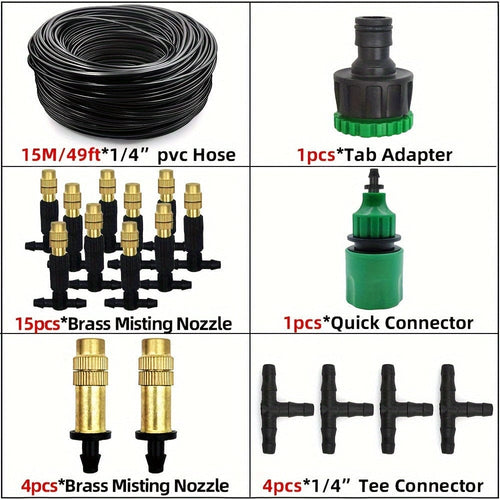 Planet Gates 15M 1 Pack, 5M-30M Outdoor Misting Cooling System Garden Irrigation Watering 1/4'' Brass Atomizer Nozzles 4/7mm Hose For Patio Greenhouse