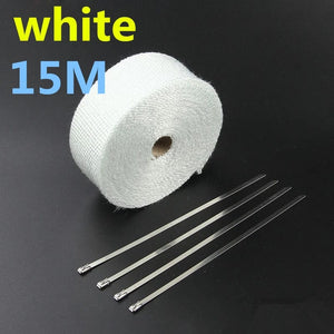 Planet Gates 15M white Vintage Motorcycle 5cm*5/10/15M Motorcycle Exhaust Pipe Header Heat Wrap Resistant Wrap Tape Fiberglass Heat Shield Motocross