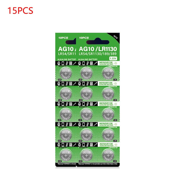 Planet Gates 15PCS LR1130 AG10 LR54 Cell Coin 1.55V SR54 389 189 LR1130 SR1130 Alkaline Button Batteries for Watch Toys Remote