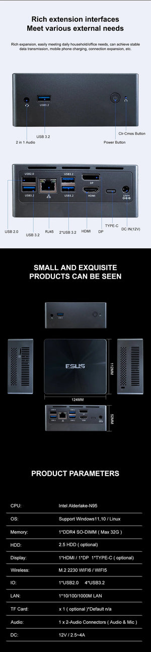 Planet Gates 16GB  256GB / AU ESUS Mini PC Intel 11th Gen N95 Mini Pocket PC N95 1000M WiFi6 PC Gamer Desktop Gaming PC Computer Win 11 diy gaming computer
