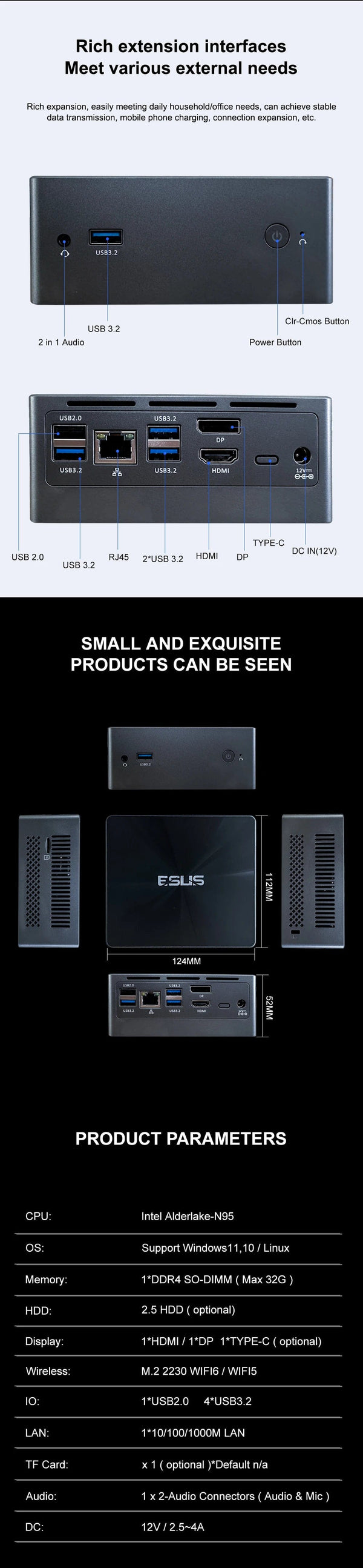 Planet Gates 16GB  256GB / AU ESUS Mini PC Intel 11th Gen N95 Mini Pocket PC N95 1000M WiFi6 PC Gamer Desktop Gaming PC Computer Win 11 diy gaming computer