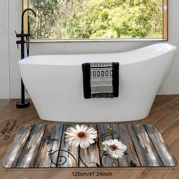 Planet Gates 16x47inch/40x120cm 1pc Daisy Pattern Kitchen Mat, Striped And Butterfly Print Carpet, Non-Slip Stain-resistant Area Rug, For Laundry Room, Bathroom, Dining Table, Home Decor Indoor Decor Room Supplies Shower Supplies
