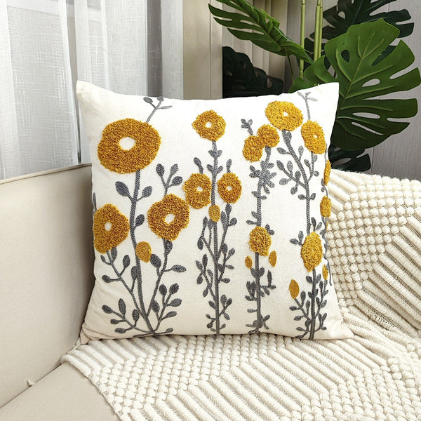 Planet Gates 17.7*17.7inch 1pc Boho Floral Tufted Decorative Throw Pillow Cover - Embroidered Cotton Cushion Cover for Couch, Sofa, and Bed - Soft and Stylish
