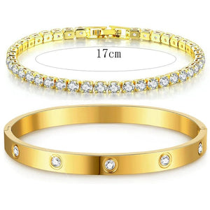 Planet Gates 17cm gold set Stackable Gold Bracelets Bangles for Women Girls 14K Gold Plated Cubic Zirconia Tennis Bracelet Stainless Steel Jewelry Gifts