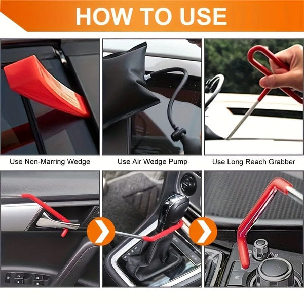 Planet Gates 17pcs 1set 17pcs Car Tool Kit: Roadside Emergency Kit With Long Reach Grabber, Air Wedge Bag Pump, Non-Marring Wedge & Carrying Bag - Automotive Kit