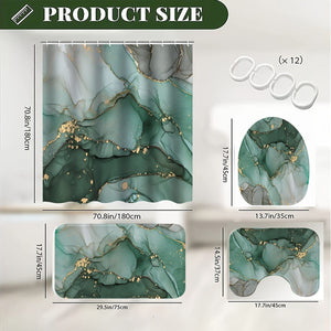 Planet Gates 180*180cm 4PC 4pcs Green Marble Pattern Shower Curtain Set, Modern Decorative Bathroom Set, Bathroom Rug, U-Shape Mat, Toilet Lid Pad, Water-resistant Curtain Including 12 Hooks, Bathroom Accessories