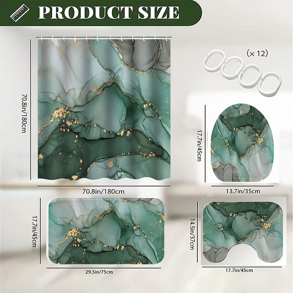 Planet Gates 180*180cm 4PC 4pcs Green Marble Pattern Shower Curtain Set, Modern Decorative Bathroom Set, Bathroom Rug, U-Shape Mat, Toilet Lid Pad, Water-resistant Curtain Including 12 Hooks, Bathroom Accessories