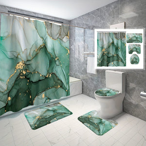 Planet Gates 180*180cm 4PC 4pcs Green Marble Pattern Shower Curtain Set, Modern Decorative Bathroom Set, Bathroom Rug, U-Shape Mat, Toilet Lid Pad, Water-resistant Curtain Including 12 Hooks, Bathroom Accessories