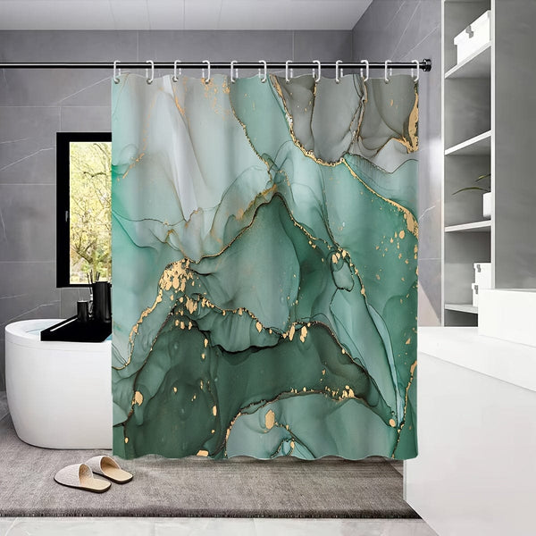 Planet Gates 180*180cm 4PC 4pcs Green Marble Pattern Shower Curtain Set, Modern Decorative Bathroom Set, Bathroom Rug, U-Shape Mat, Toilet Lid Pad, Water-resistant Curtain Including 12 Hooks, Bathroom Accessories