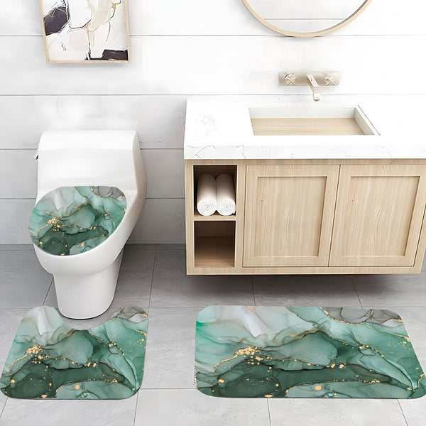 Planet Gates 180*180cm 4PC 4pcs Green Marble Pattern Shower Curtain Set, Modern Decorative Bathroom Set, Bathroom Rug, U-Shape Mat, Toilet Lid Pad, Water-resistant Curtain Including 12 Hooks, Bathroom Accessories