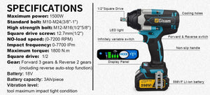 Planet Gates 1800N.M Torque Brushless Electric Impact Wrench 1/2 inch Lithium-Ion Battery Cordless Wrench Power Tools For Makita 18V Battery
