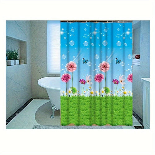 Planet Gates 180cm*180cm 1pc Floral Lawn Butterfly Printed Shower Curtain, Waterproof PEVA Shower Curtain With 12 Hooks, Decorative Bathtub Partition Curtain, Bathroom Accessories
