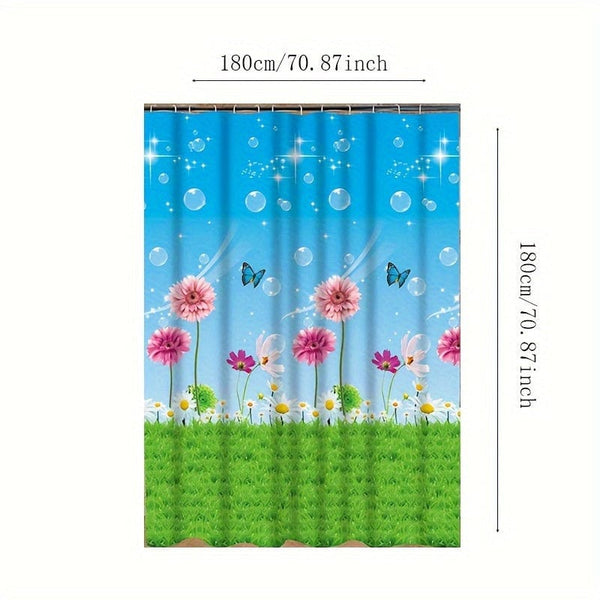 Planet Gates 180cm*180cm 1pc Floral Lawn Butterfly Printed Shower Curtain, Waterproof PEVA Shower Curtain With 12 Hooks, Decorative Bathtub Partition Curtain, Bathroom Accessories