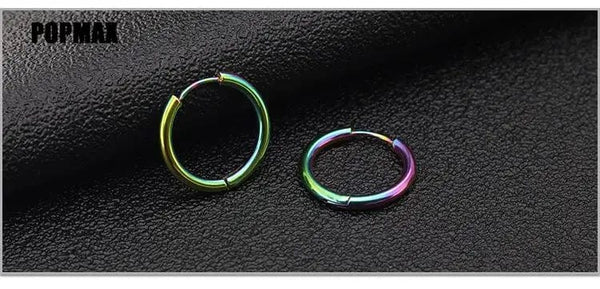 Planet Gates 18mm / black POPMAX Men��s Hoops Stainless Steel Round Circle Earrings For Women Man Gold Silver Color Not Fade Ear Rings Male Jewelry 2Pcs
