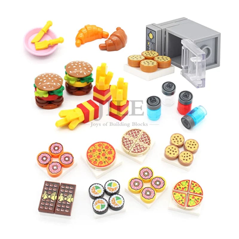 Planet Gates 18PCS Foods Set 1 City Mini Food Building Blocks Hamburger Pizza Fries Cake Dessert Chocolate Cookies MOC Bricks Plastic Assemble Part Figures Toy