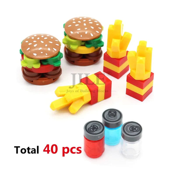 Planet Gates 18PCS Foods Set 1 City Mini Food Building Blocks Hamburger Pizza Fries Cake Dessert Chocolate Cookies MOC Bricks Plastic Assemble Part Figures Toy