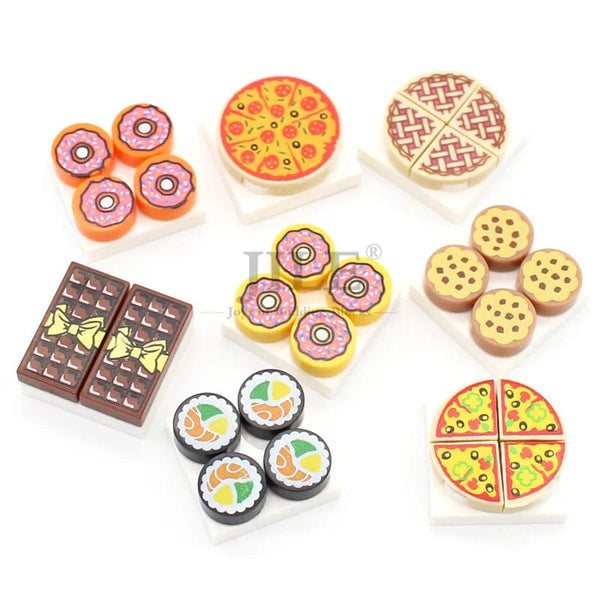 Planet Gates 18PCS Foods Set 1 City Mini Food Building Blocks Hamburger Pizza Fries Cake Dessert Chocolate Cookies MOC Bricks Plastic Assemble Part Figures Toy