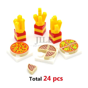 Planet Gates 18PCS Foods Set 1 City Mini Food Building Blocks Hamburger Pizza Fries Cake Dessert Chocolate Cookies MOC Bricks Plastic Assemble Part Figures Toy