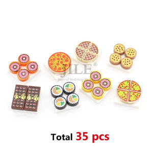 Planet Gates 18PCS Foods Set 1 City Mini Food Building Blocks Hamburger Pizza Fries Cake Dessert Chocolate Cookies MOC Bricks Plastic Assemble Part Figures Toy