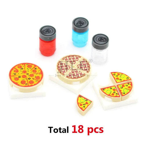 Planet Gates 18PCS Foods Set 1 City Mini Food Building Blocks Hamburger Pizza Fries Cake Dessert Chocolate Cookies MOC Bricks Plastic Assemble Part Figures Toy