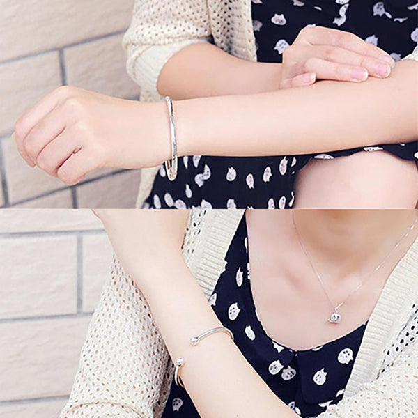 Planet Gates 19.5cm Fashion Simple Women's Stainless Steel Silver Plated Open Hand Cuff Bracelet Simple Beads Bangle