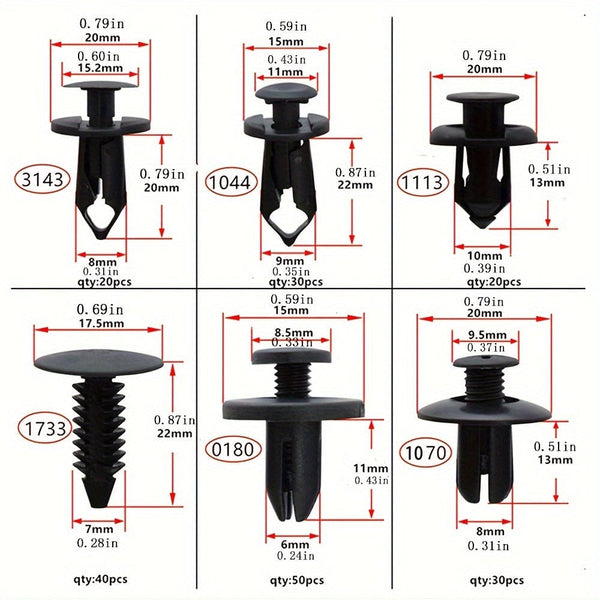 Planet Gates 190pcs 190pcs Car Retainer Clips 6 Sizes Plastic Fasteners Kit Auto Trim Panel Clip Mixed Car Body Bumper Rivet Set