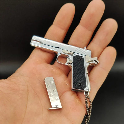 Planet Gates 1911 Bright Silver 1:3 Solid Wood Handle 1911 Metal Keychain Model Toy Gun Miniature Alloy Pistol Collection Toy Gift Pendant