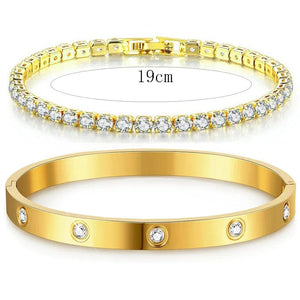 Planet Gates 19cm gold set Stackable Gold Bracelets Bangles for Women Girls 14K Gold Plated Cubic Zirconia Tennis Bracelet Stainless Steel Jewelry Gifts