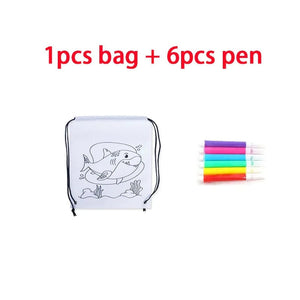 Planet Gates 1bag 6pen Children's Graffiti Backpack Bag DIY Coloring Painting Toys for Kids Cute Animal Mermaid Non-Woven Drawstring Bag Drawing Crafts