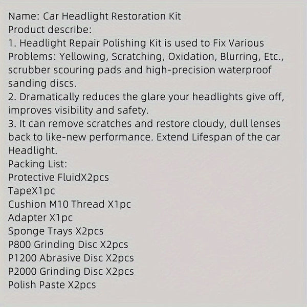 Planet Gates 1box Headlight Restoration Kit 1 Set Car Headlight Restoration Kit Headlight Repair Cleaning Kit Car Repairing Tools Car Maintenance