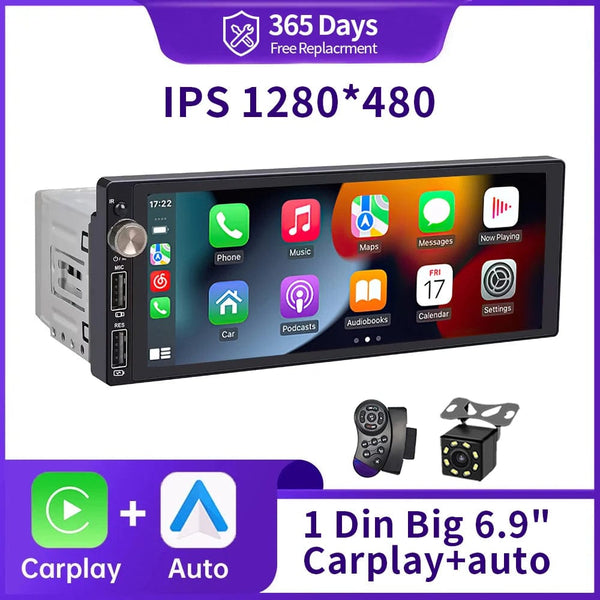 Planet Gates 1DIN 6.9 Carplay IPS 6.9 Inch 1Din Carplay Android Auto Car Radio Multimedia Video MP5 Player 1 Din No DVD with Bluetooth Stereo USB Charging