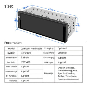 Planet Gates 1DIN 6.9 Carplay IPS 6.9 Inch 1Din Carplay Android Auto Car Radio Multimedia Video MP5 Player 1 Din No DVD with Bluetooth Stereo USB Charging