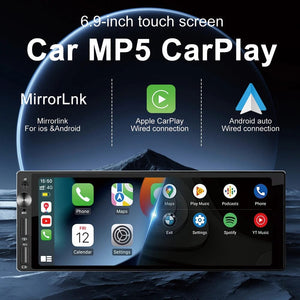 Planet Gates 1DIN 6.9 Carplay IPS 6.9 Inch 1Din Carplay Android Auto Car Radio Multimedia Video MP5 Player 1 Din No DVD with Bluetooth Stereo USB Charging