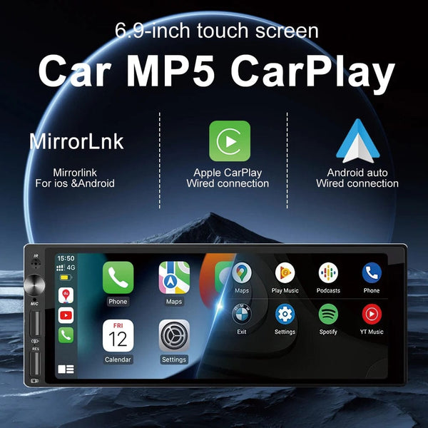 Planet Gates 1DIN 6.9 Carplay IPS 6.9 Inch 1Din Carplay Android Auto Car Radio Multimedia Video MP5 Player 1 Din No DVD with Bluetooth Stereo USB Charging