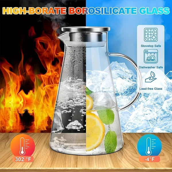 Planet Gates 1pc 1pc 2.0 Liter 68oz Glass Pitcher With Lid, Easy Clean Heat Resistant Glass Water Carafe With Handle For Hot/Cold Beverages, Water, Cold Brew, Iced Tea & Juice, For Home Restaurant Hotel Office, Drinkware Accessories