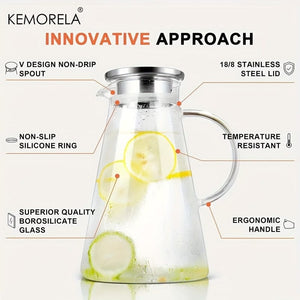 Planet Gates 1pc 1pc 2.0 Liter 68oz Glass Pitcher With Lid, Easy Clean Heat Resistant Glass Water Carafe With Handle For Hot/Cold Beverages, Water, Cold Brew, Iced Tea & Juice, For Home Restaurant Hotel Office, Drinkware Accessories