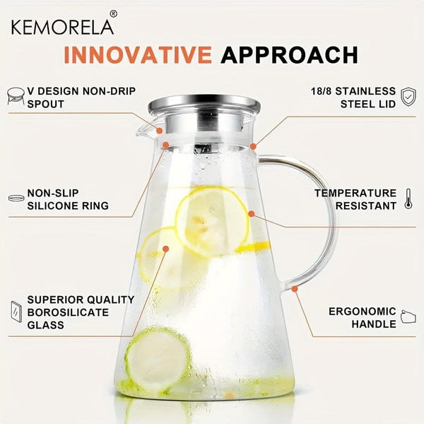 Planet Gates 1pc 1pc 2.0 Liter 68oz Glass Pitcher With Lid, Easy Clean Heat Resistant Glass Water Carafe With Handle For Hot/Cold Beverages, Water, Cold Brew, Iced Tea & Juice, For Home Restaurant Hotel Office, Drinkware Accessories