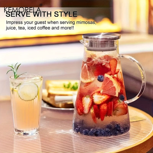 Planet Gates 1pc 1pc 2.0 Liter 68oz Glass Pitcher With Lid, Easy Clean Heat Resistant Glass Water Carafe With Handle For Hot/Cold Beverages, Water, Cold Brew, Iced Tea & Juice, For Home Restaurant Hotel Office, Drinkware Accessories