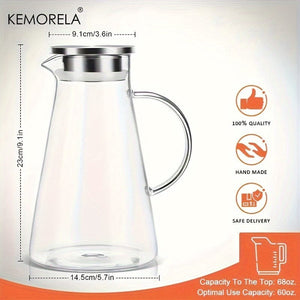 Planet Gates 1pc 1pc 2.0 Liter 68oz Glass Pitcher With Lid, Easy Clean Heat Resistant Glass Water Carafe With Handle For Hot/Cold Beverages, Water, Cold Brew, Iced Tea & Juice, For Home Restaurant Hotel Office, Drinkware Accessories