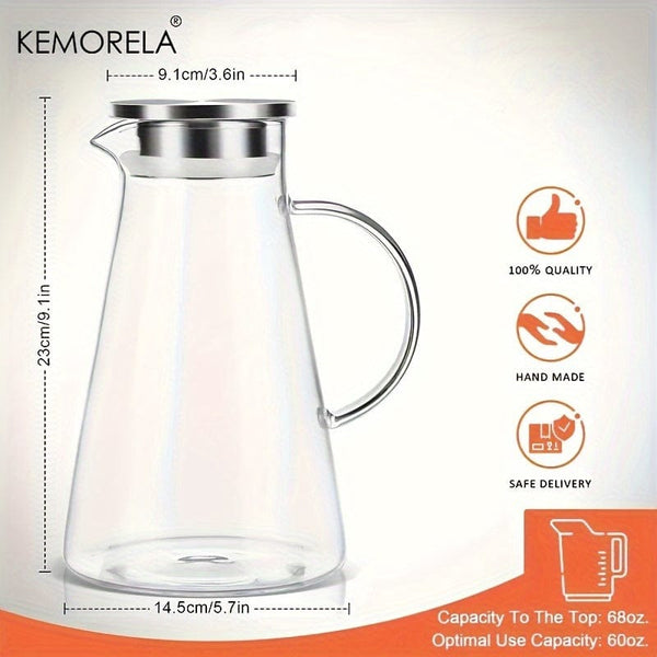 Planet Gates 1pc 1pc 2.0 Liter 68oz Glass Pitcher With Lid, Easy Clean Heat Resistant Glass Water Carafe With Handle For Hot/Cold Beverages, Water, Cold Brew, Iced Tea & Juice, For Home Restaurant Hotel Office, Drinkware Accessories