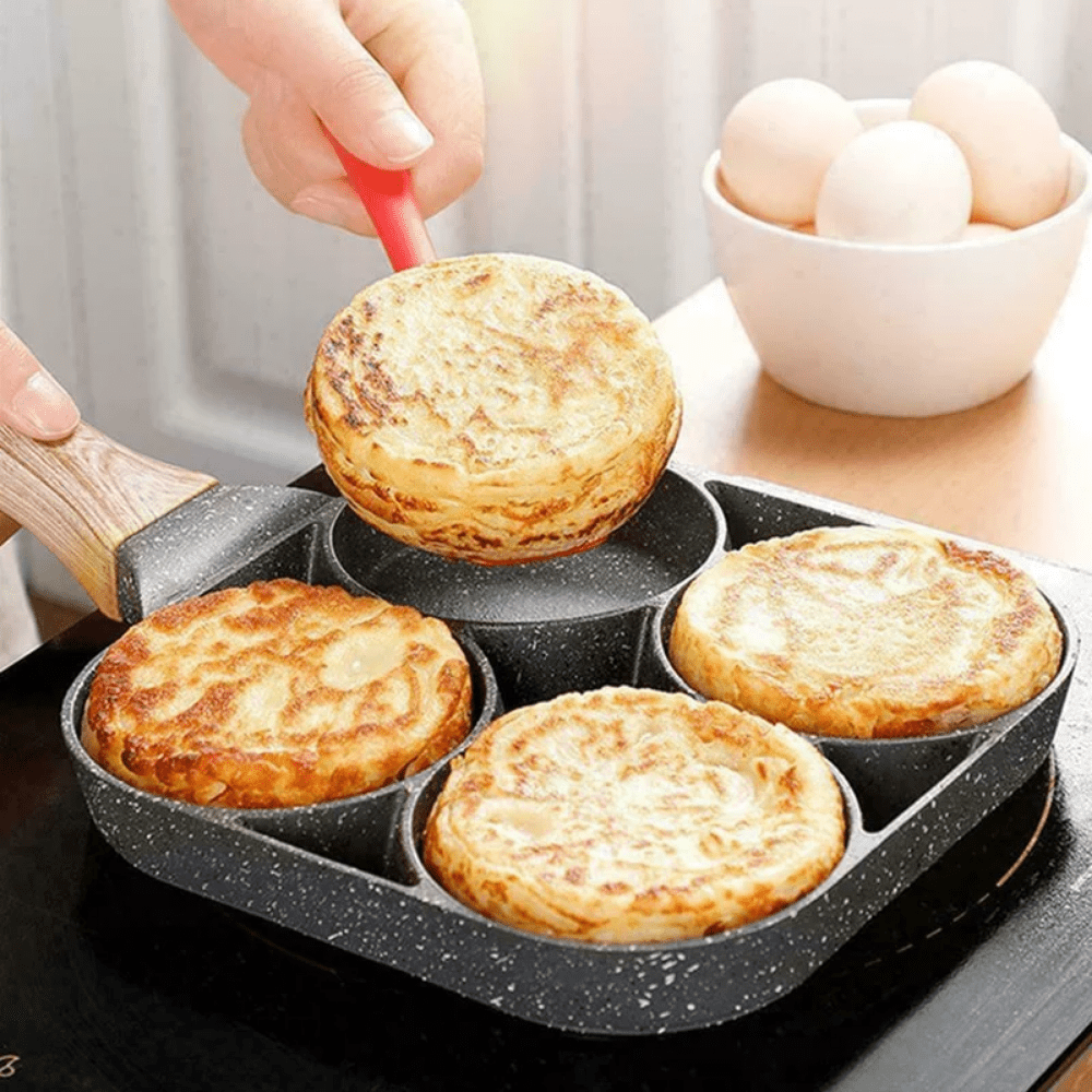 Planet Gates 1pc Egg & Hamburger Frying Pan, Fry Pan For Egg Non Stick Ham Pancake Maker Egg Burger Pan With Wooden Handle 4Hole For Induction Cooker Gas Stove