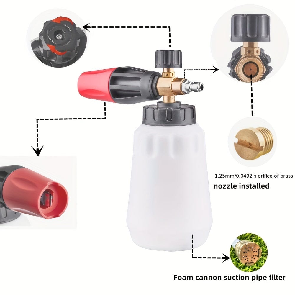 Planet Gates 1pc 1pc Snow Foam Cannon Lance With 1000ML Bottle Pressure Washer Car Wash Clear Snow Cannon Big Mouth, 1/4 Quick Connect