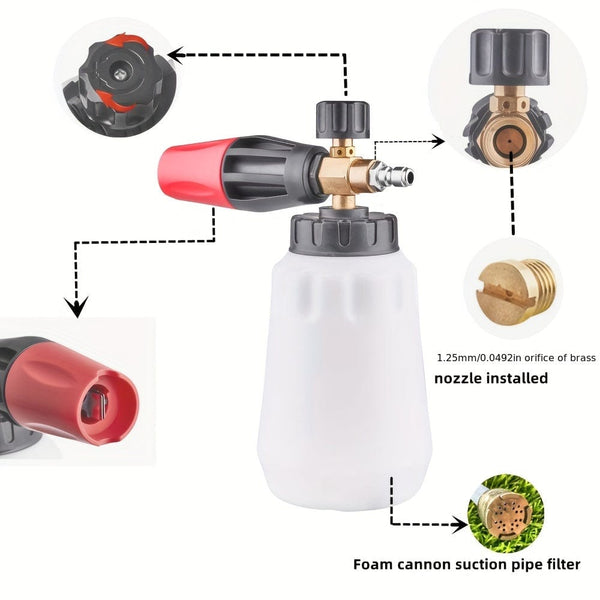 Planet Gates 1pc 1pc Snow Foam Cannon Lance With 1000ML Bottle Pressure Washer Car Wash Clear Snow Cannon Big Mouth, 1/4 Quick Connect